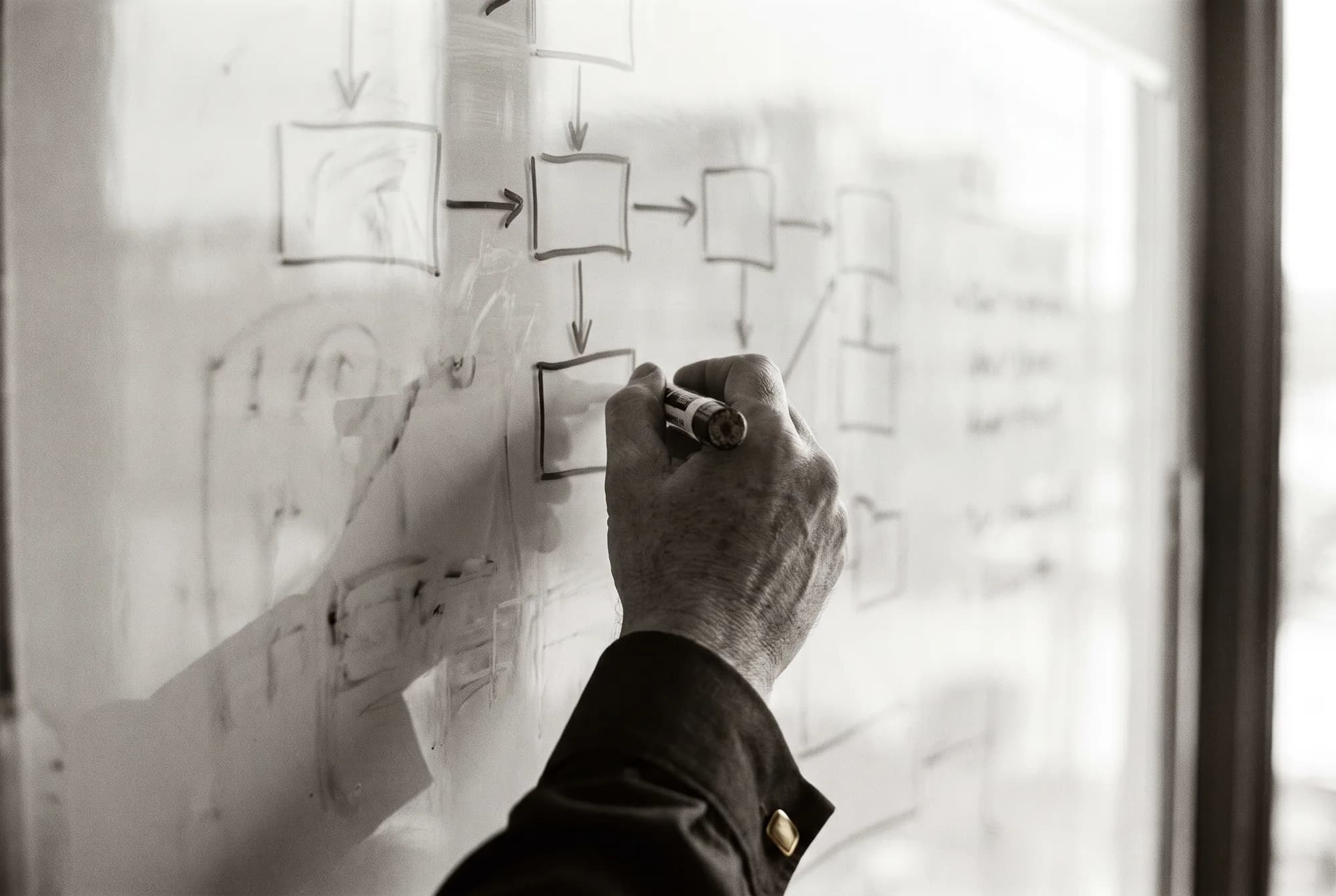 Een hand tekent een schema van blokken en pijlen op een glazen whiteboard